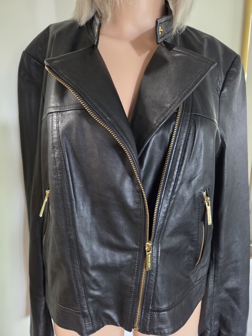Michael Kors Womens Black Leather Moto Jacket w/Gold Hardware Size 16 - Picture 8 of 14